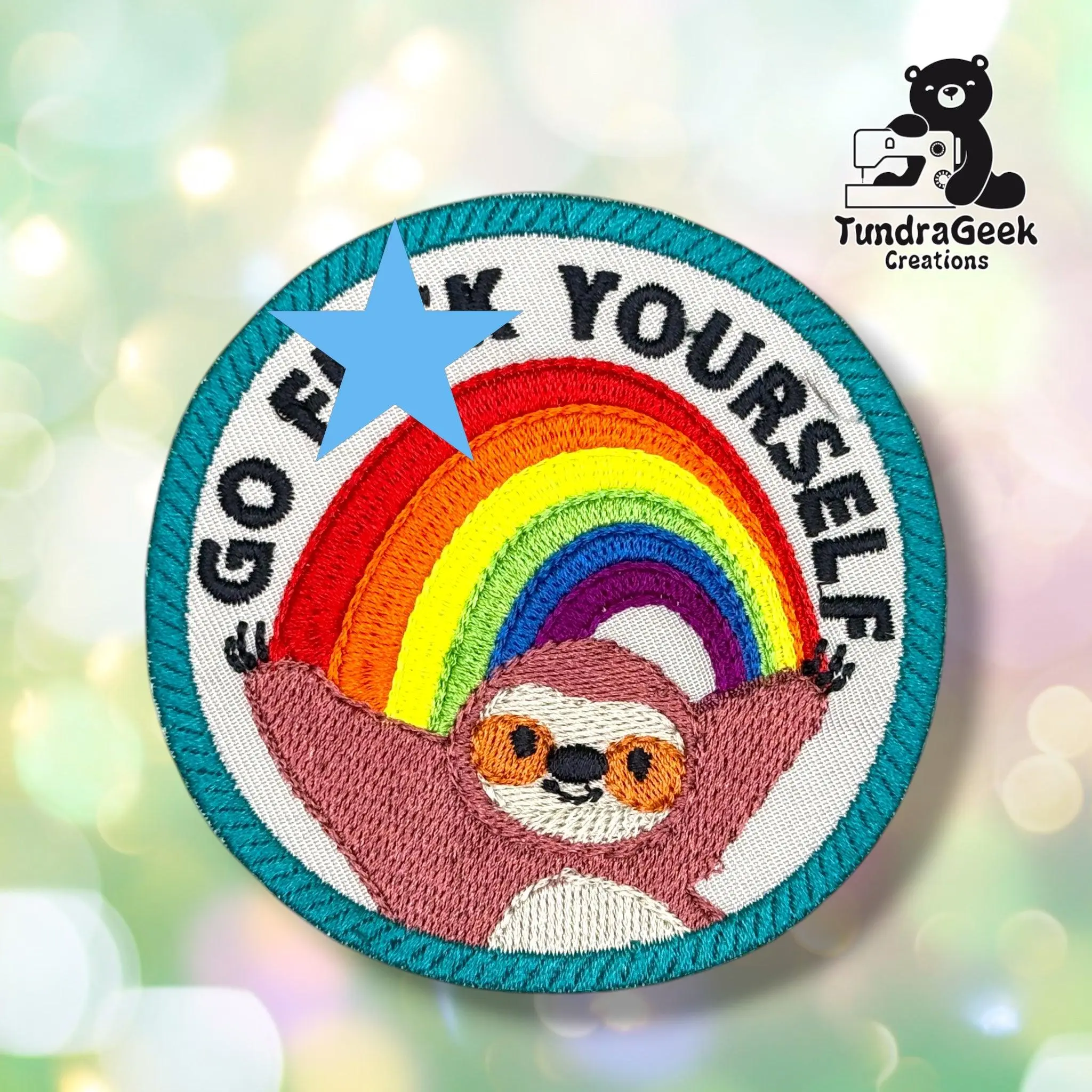 GFY Sloth Patch | Sarcastic Rainbow Statement | Funny Adult Humor Gift | Embroidered Sew-On | Alaska Made
