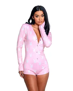 PBLI130 - Playboy Slumber Bunny Romper Lace Strappy Teddy Lingerie Women's Waspie Lingerie
