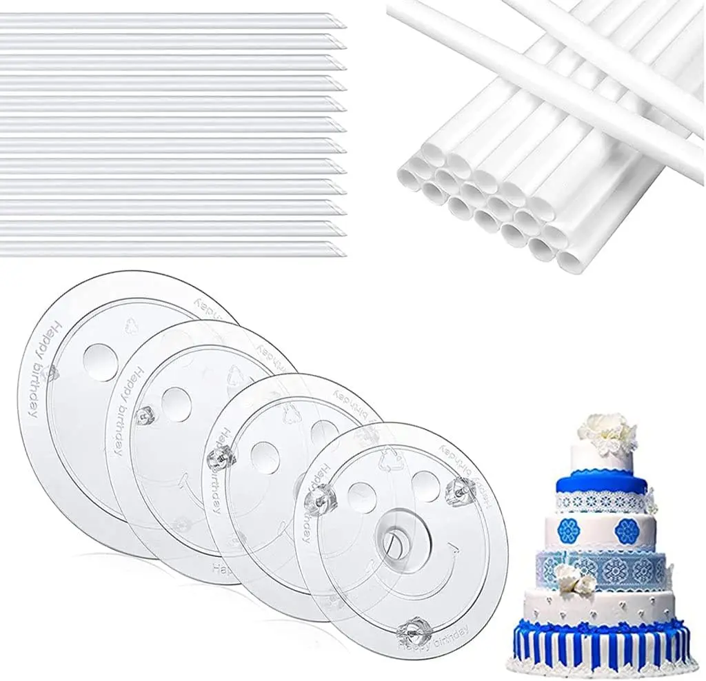 28 count Smiley Plastic Cake Dowel Rods Set Plastic Cake Plates Set 12 count White Plastic Cake Dowel Rods, 4 Cake Separator Plates for 4, 6, 8, 10 Inch Cakes