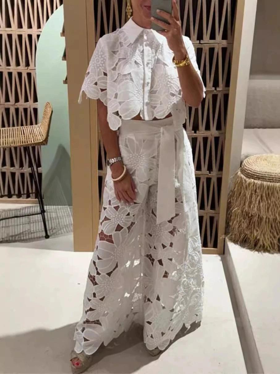 Women's 2026 New Retro Lace Outfit Set Short Sleeved Blouse Tops & Tie-up Pants Two-Piece Embroidery Hollow Temperament Suit for Casual & Special Occasions Women's 2026 New Retro Lace Outfit Set Short Sleeved Blouse Tops & Tie-up Pants Two-Piece Embroidery Hollow Temperament Suit for Casual & Special Occasions