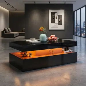 High Gloss LED Coffee Table Modern Minimalist Rectangular Center Table USB DC Powered Ambient Lighting 2 Tier Storage Design Wooden Side Table For Living Room Bedroom Home Household Decoration