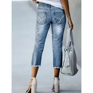 Light Blue Stretch Denim Capri Pants - Mid-Rise, Slim Fit, Embroidered Raw Hem, Casual Style for Spring/Summer/Fall