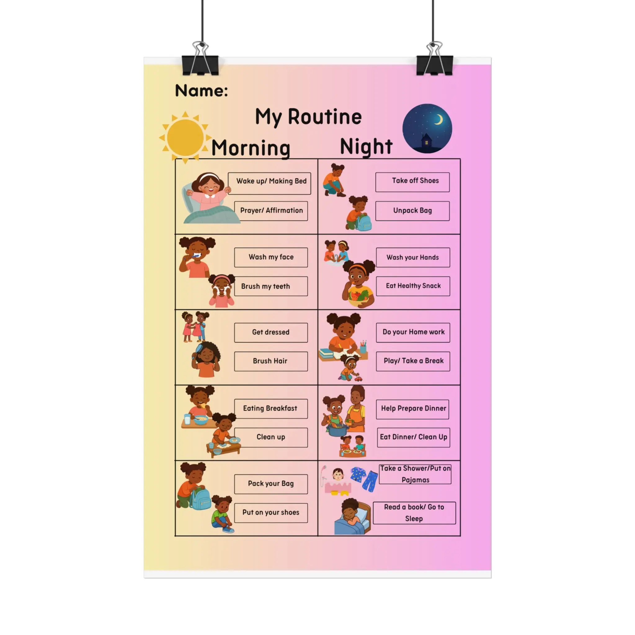 Morning and Night Routine Chart Satin Poster | Kids Visual Schedule