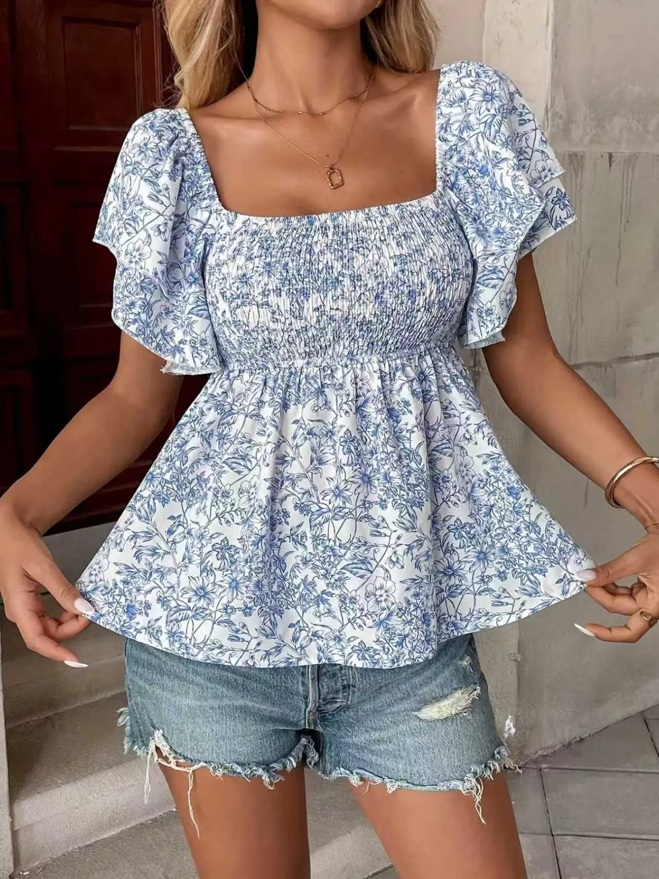 French Vintage Country Bohemian Style Feminine Square Neck Double Layer Ruffle Bubble Sleeve Top, Blouse, Floral Pattern, Long Fitted Casual Shirt for Spring & Fall
