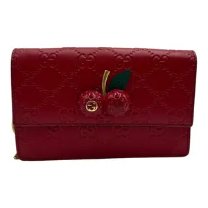 Pre-owned Leather Small Leather Goods GUCCI GUCCISSIMA RED WITH CHERRY WALLET ON CHAIN