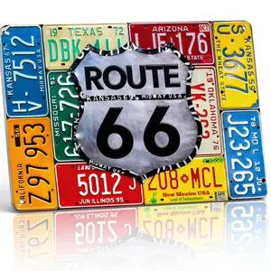 8x12 Inch Aluminum "Route 66" License Plate Collage Metal Sign – Nostalgic Retro Wall Art for Garage, Man Cave & Bar. Vintage US License Plate Background, Weatherproof & Iconic. Ideal for Road Trip & Americana Lovers.
