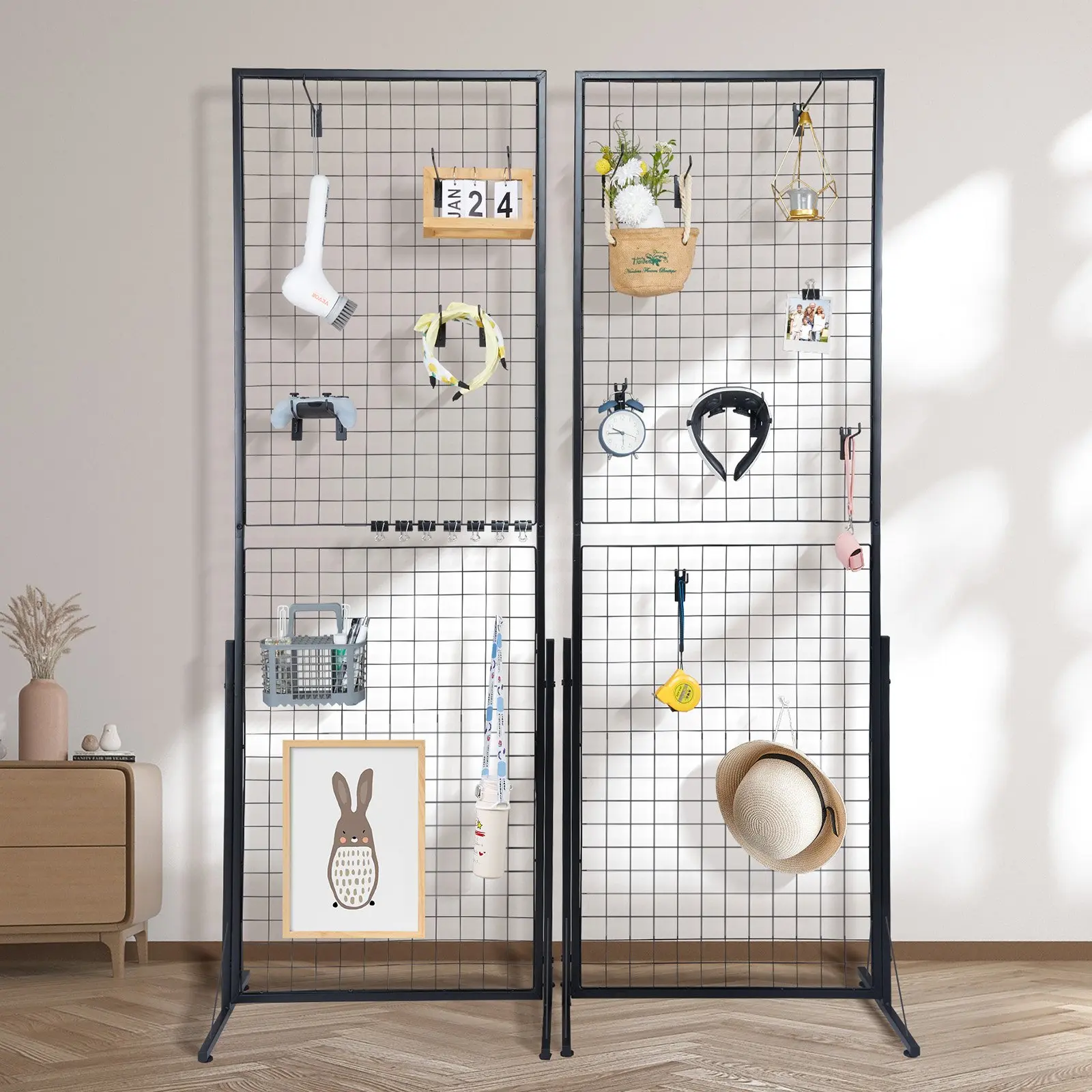 Wire Grid Wall Panels Tower 2-Pack, Floorstanding Double-Sided T-Base Steel Display Racks for Retail, Art Craft Shows & Home Office Room Decor with Adjustable Hooks & Easy 5-Min Setup - 2' x 5.6'
