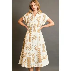 Umgee Full Size Abstract Print Elastic Waist Midi Dress Plus Size