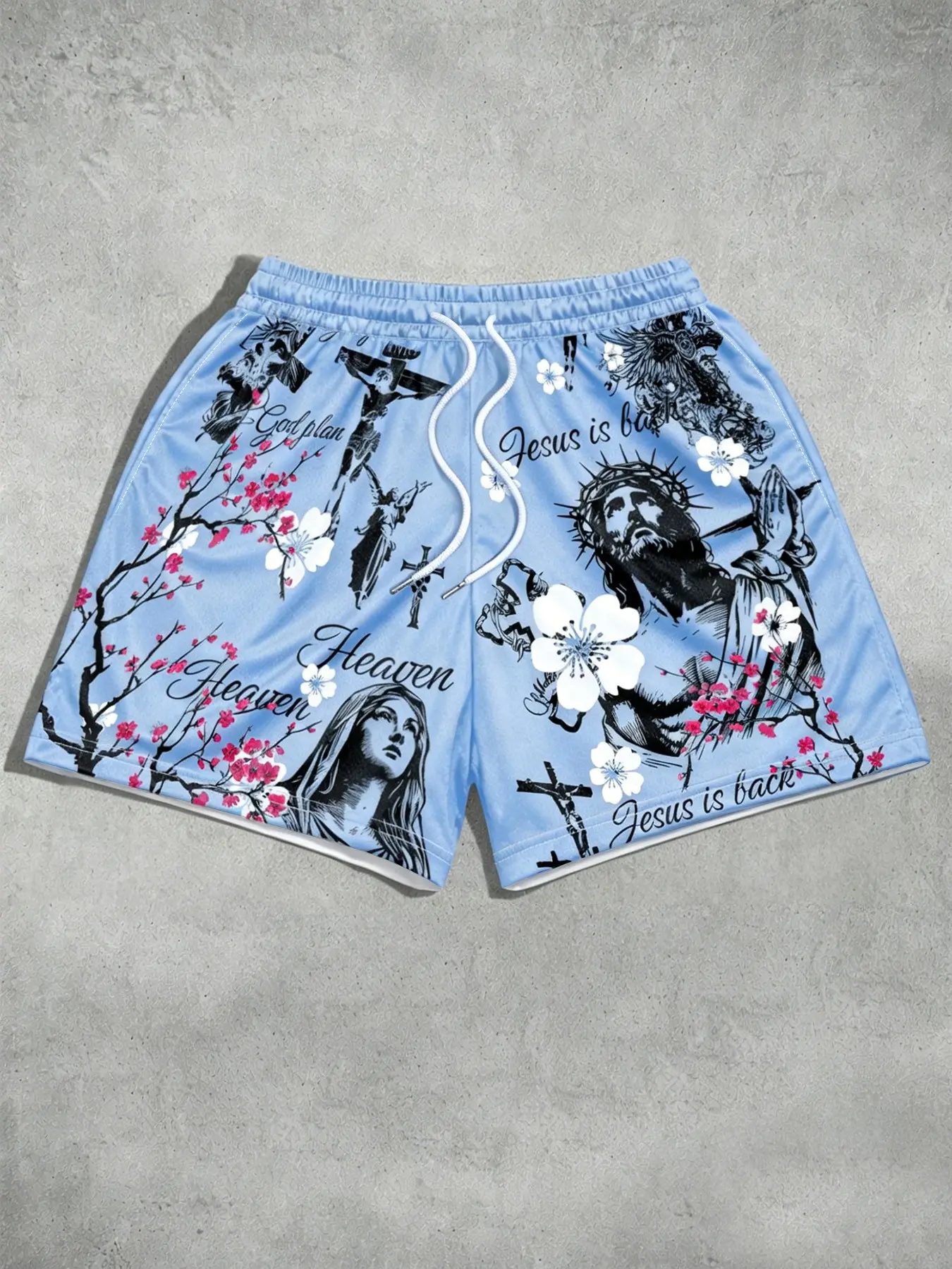 Men's Premium Religious Graphic Shorts - Vintage Jesus and Heaven All-Over Print Streetwear - Breathable Athletic Shorts for Summer Beach & Urban Wear