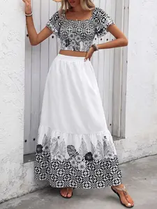 Women's Summer Spring Elegant Beach Party Top and A-Line Skirt Set, Short Sleeve Top and Long Elastic Skirt Two-Piece Set, Perfect for Vacation