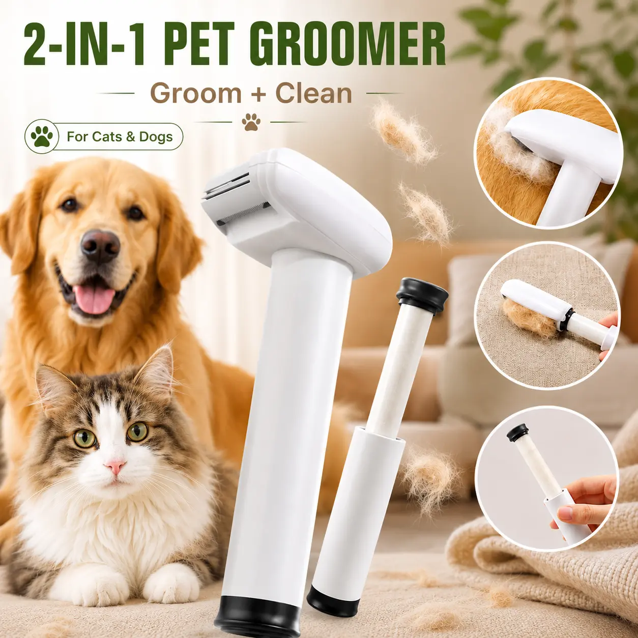 2-in-1 Pet Deshedding Comb & Lint Roller, Cat and Dog Grooming Tool with Fine-Tooth Head, Pull-Out Sticky Hair Remover for Loose Fur, Clothes, Sofas and Pet HomesSuitable for dogs and cats - combsSuitable for both long-haired and short-haired types