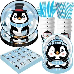 140Pcs Penguin Birthday Decorations Cute Winter Paper Plates and Napkins Cups Straws Cutlery Set Supplies for Kid Penguin Party Decorations Favors