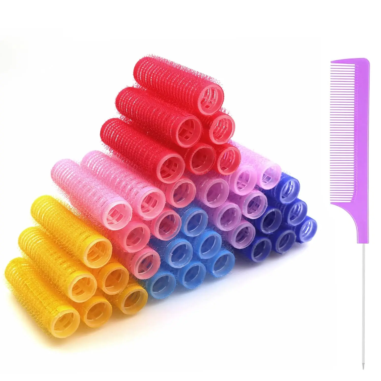 Women's Heat-Free Hair Styling 36Pcs Nylon Self Grip Rollers Set (0.8x2.4in) - Small Salon Look Curlers, DIY Easy Rat Tail Comb, Haircare Tools for Female Adults, All Hair Types (Home Use)