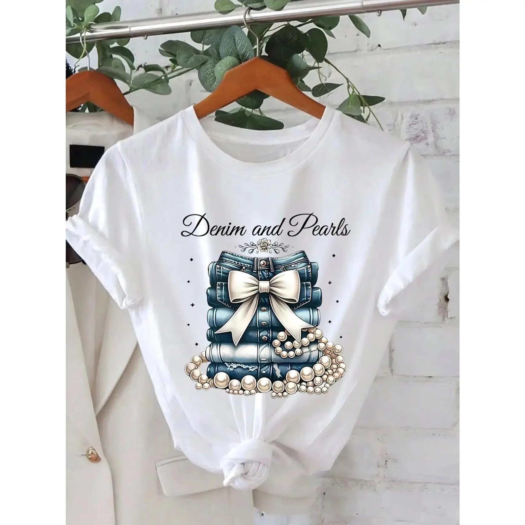 Women's Denim and Pearl Pattern Round Neck Shortsleeve T-Shirt, Casual Wear Polyester Clothes, Stylish Women's Wear, Ideal for Birthday & Holiday Gifts, Spring/Summer Tops# soft cotton short sleeve