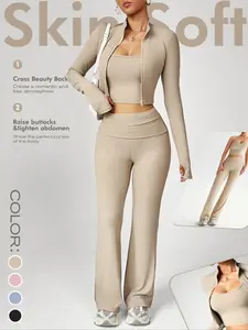 Women's Yoga Exercise Set, Casual Sexy Outdoor Running U-Back Top, Comfortable Tight-Fitting Long Pants, High Neck Sleeveless Jacket, Fitted Design Activewear, Sporty Style Outfits, Sweatsuit Set