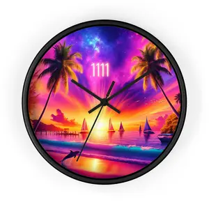 10" Wall Clock "Dolphin Serenade: A Tropical Sunset Symphony" -  1111 Tropical Beach at Sunset with Palm Trees, Dolphins, and Sailboats Decor Angel Wooden
