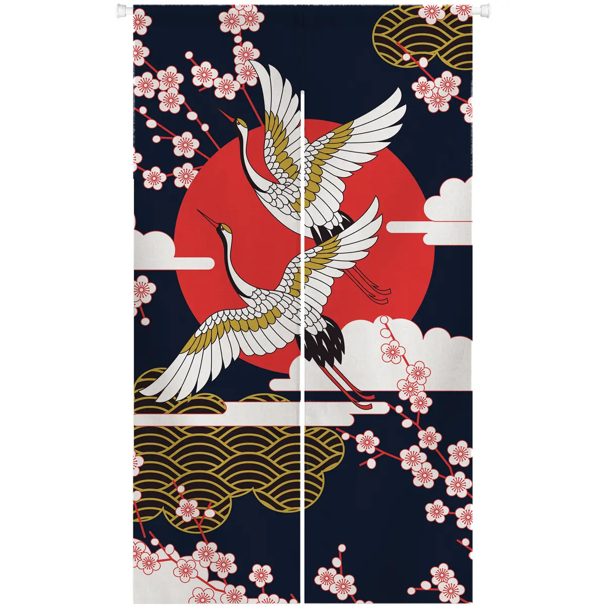 Japanese Noren Doorway Curtain Wide, Artistic Crane and Sakura Tapestry Wall Hanging, Kitchen Partition Bedroom Door Decor, 33.5x59 in Decoration