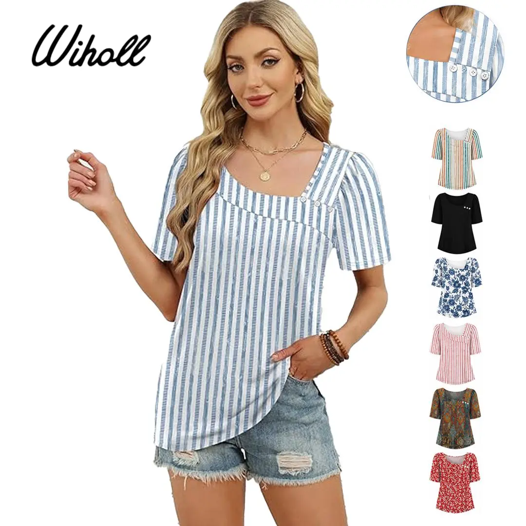 WIHOLL Women's Stripe Tops, Dressy Casual Short Sleeve Boat Neck Shirts with Button Detail, Loose Fit Summer Blouse, Lady, Women's Fashion, Elegant, Polyester Blend, Casual Blouse