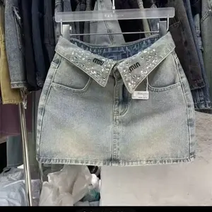 Retro Lapel Diamond Encrusted Ort Skirt Asymmetric Casual Sle Girls Mid Waist Design Embellied Skirt with Button Closure