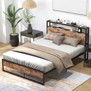 Full Size Industrial Platform Bed Frame with Charging Station Storage...