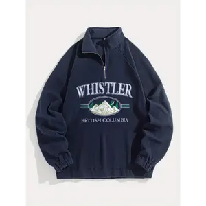 Menswear Stylish Loose Letters Pattern Sweatshirt, Casual Breathable Half Zipper Stand Collar, Long Sleeve Top for City Walk, Outdoor Activities