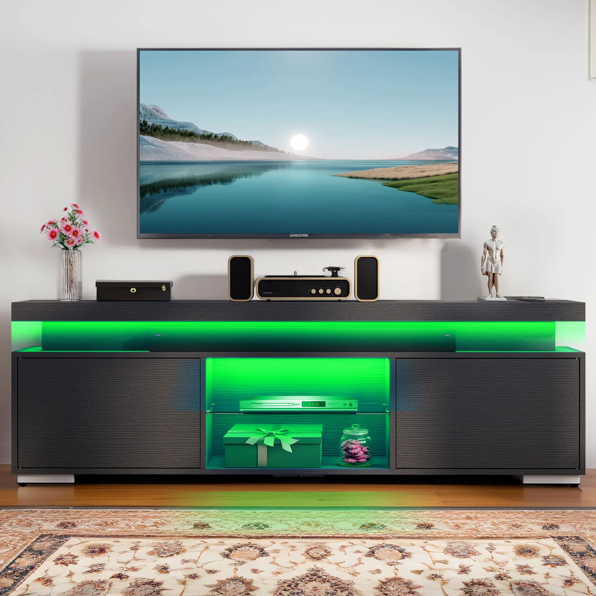 DWVO Black TV Stand with LED Lights and Power Outlet, Modern Entertainment Center for 55/60/65 Inch, Media Console Table TV Cabinet with Storage, Univ