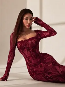 Sexy Lace Dress in Burgundy with Back Slit – Breathable, Double-Layered for Comfort and Style