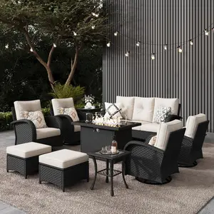 LayinSun 10 Pieces Outdoor Patio Furniture Set with Fire Pit Table, Rattan Wicker Sectional Swivel Rocker Chairs Set