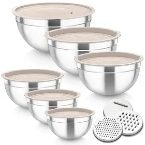 Stainless steel mixing bowl set with lid and grater, suitable for multi-purpose kitchen use, food-grade sealed bowls, mirror-polished interior