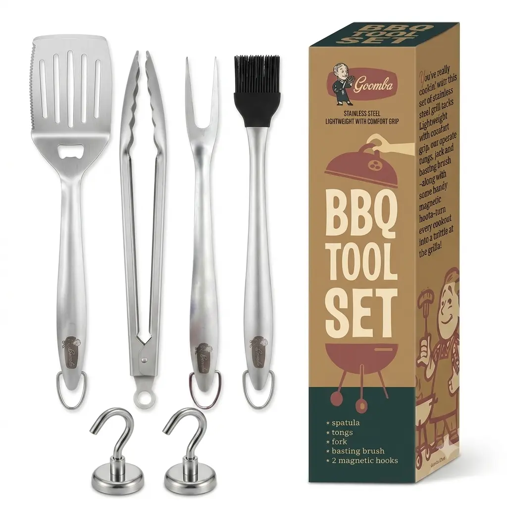 Premium 4-Piece Stainless Steel BBQ Grill Utensils Set with Multi-Purpose Scalloped Tongs and Magnetic Hooks
