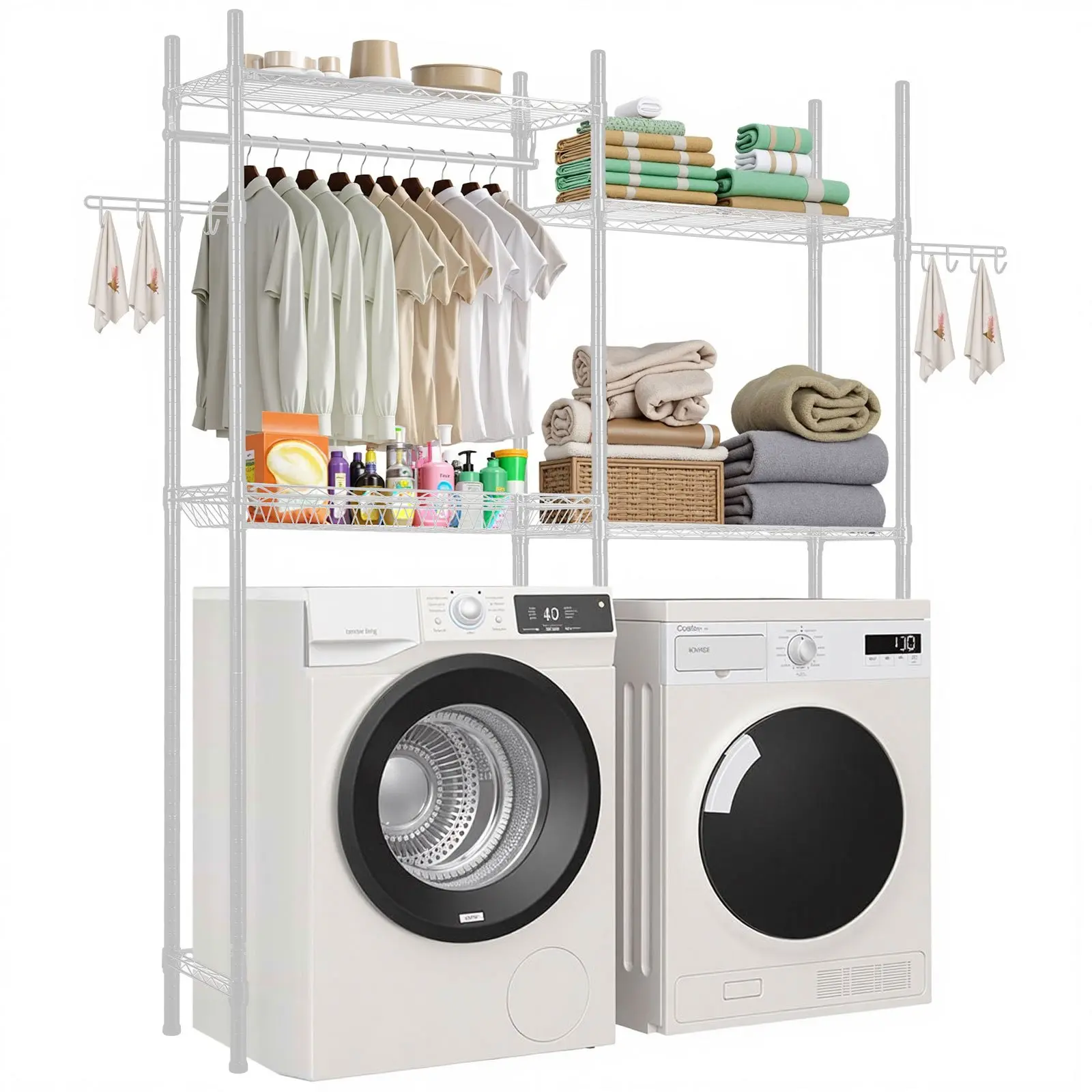 【Summerfinds】VEVOR Over Washer and Dryer Storage Shelves, 4 Tiers Laundry Room Drying Rack with Hanger Rod and Hooks, Two Rows Adjustable Washer Shelves Space Saver, for Laundry Room Storage & Organization, White Lightweight Metal