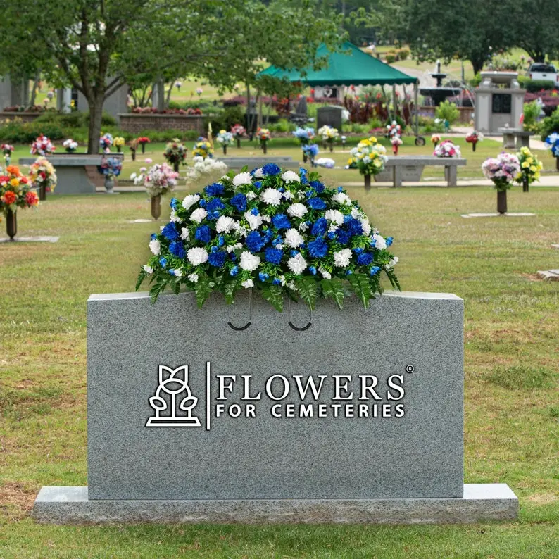 Blue and White Garden Mum Cemetery Saddle - Artificial Mum Arrangement for Headstone - Cemetery Flowers - Cemetery Saddle