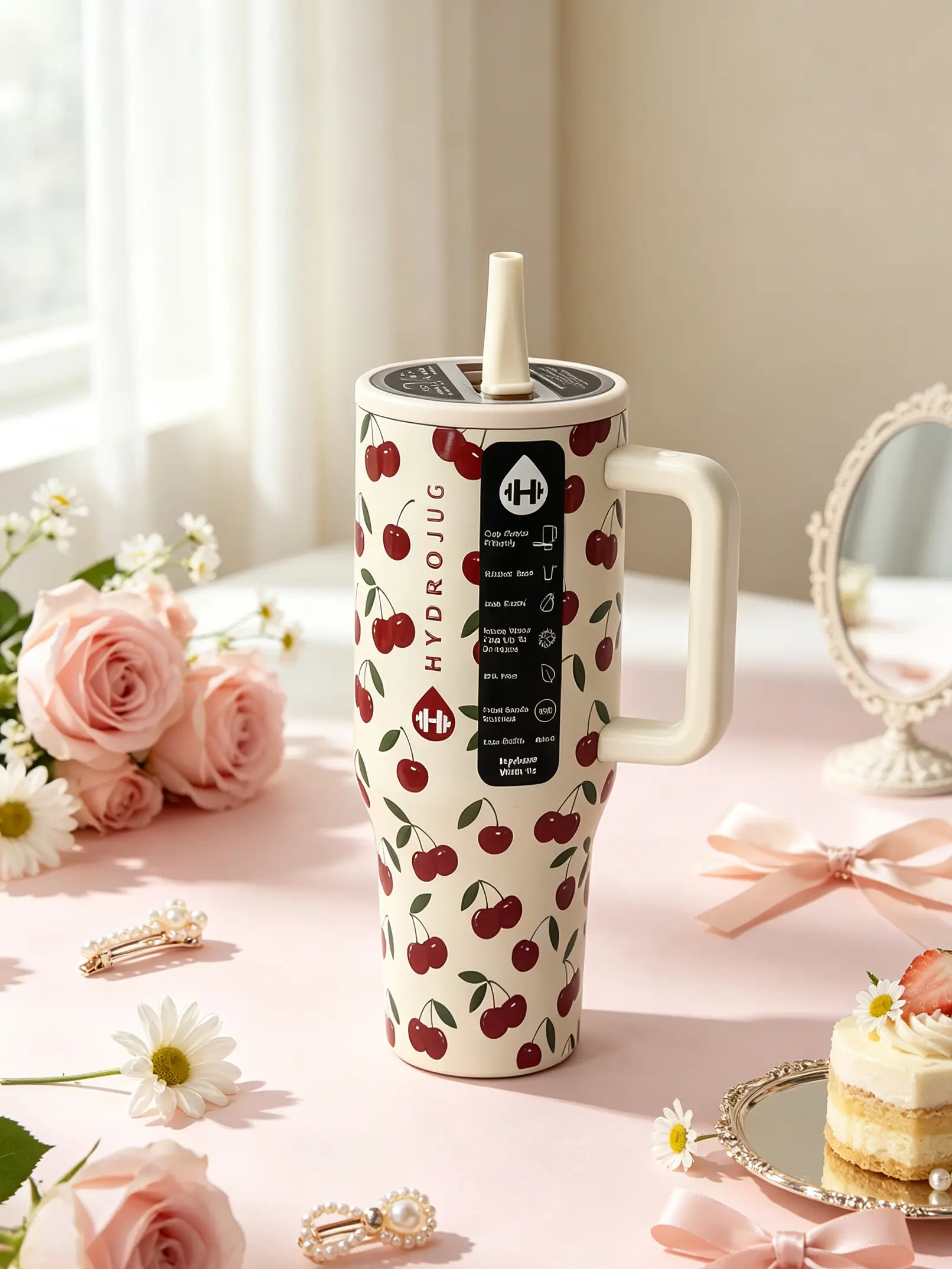 HydroJug 40oz Traveler Stainless Steel Sports Water Bottle, Cherry Print Design, Ergonomic Handle, BPA-Free. Ideal for Sports, Daily Leisure, Outdoor Activities & Fitness Workouts., Anti-Scalding, 1,000-2,000 Ml