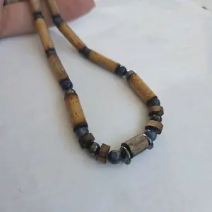 Handmade Bamboo Necklace with Blue Stone & Hematite Beads 16 Inch Choker No Plastic Wearable in Shower & Swimming
