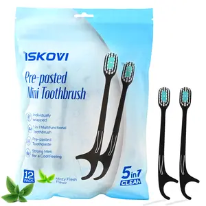 ISKOVI 5 in 1 Disposable Mini Toothbrush with Toothpaste + Floss + Pick + Tongue Scraper | Travel Size | Individually Wrapped | Soft | Mint | Travel Set | Oral Care