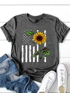 Women's Sunflower & American Flag Print Round Neck Tee, Casual Short Sleeve Crew Neck T-Shirt for Summer, Fashion Women's Top for Daily Wear
