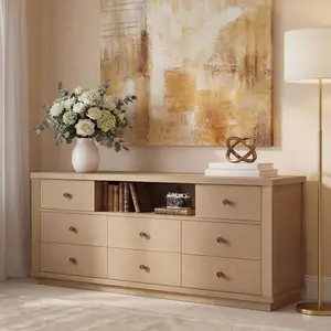 Sikaic 63" Wide Dresser TV Stand with 8 Drawers & Charging Station, Wood Storage Cabinet, White Oak summergarden