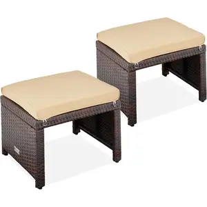 Set of 2 Wicker Ottomans, Multipurpose Outdoor Furniture for Patio, Backyard, Additional Seating, Footrest, Side Table w/Removable Cushions, Steel Frame - Brown/Tan