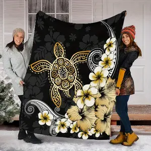 Polynesian Floral & Hawaiian Sea Turtle Throw Blanket - Black & Golden Retro Tropical Design, Soft Flannel All-Season Bedspread For Couch, Bed, Or Home Decor, Sea Turtle Decor, Cozy Living Accessory, Vintage Aesthetic, Intricate Quilted