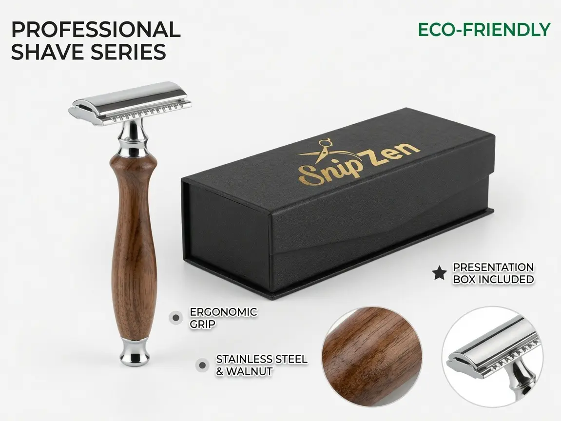 SnipZen Double Edge Safety Razor for Men - Premium Olive Wood Handle, Stainless Steel Closed Comb, Reusable Wet Shaving DE Razor Metal Safety Razor Adjustable kit