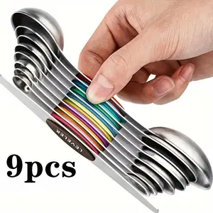 Premium Magnetic Double-Ended Measuring Spoon Set 9pcs Food Grade Stainless Steel Precision Baking Coffee Tools Modern Kitchen Utensils for Home Cooking Mugs Round Oval Colorful