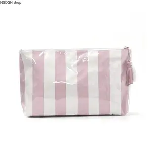 Pink & White Stripe Cosmetic Bag - Waterproof PVC-Canvas Makeup Pouch with Tassel Zipper, Spacious, Ideal for Travel & Daily Toiletries Organization