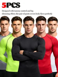 5 Pack Mens Compression Shirts Long Sleeve, Cool Dry Athletic Base Layer, Muscle Fit Gym T-Shirts with Tummy Control for Running & Training