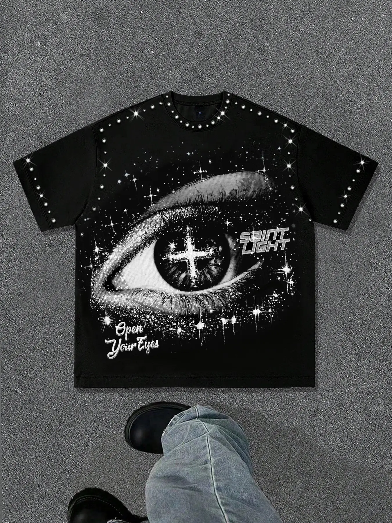 Diamond short sleeved round neck eye cross t-shirt suitable for men and women, Streetwear, including cotton short sleeved men's printed starry sky geometric shirt, 2026 summer Y2K t-shirt, Menswear