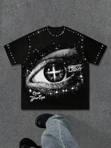 Diamond short sleeved eye cross t-shirt suitable for both men and women, including cotton short sleeved men's printed starry sky aesthetic geometric shirt, European and American street cool fashion casual short sleeved shirt, 2026 summer t-shirt Y2K style