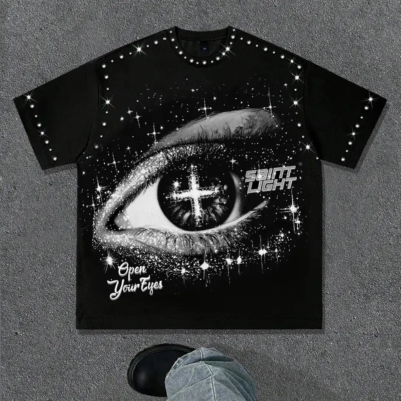Diamond short sleeved round neck eye cross t-shirt suitable for men and women, Streetwear, Streetwear Graphic Tees, including cotton short sleeved men's printed starry sky geometric shirt, 2026 summer Y2K t-shirt, Tops, Casual, Menswear