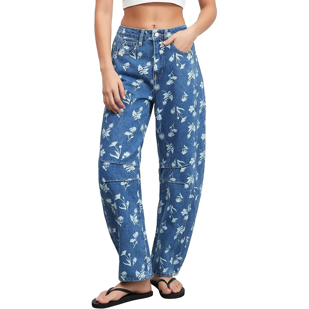 Kedera Women Casual Printed Barrel Jeans Wide Leg Denim Jeans 2026 Summer Trendy Baggy Pants Boyfriend Y2K Trousers