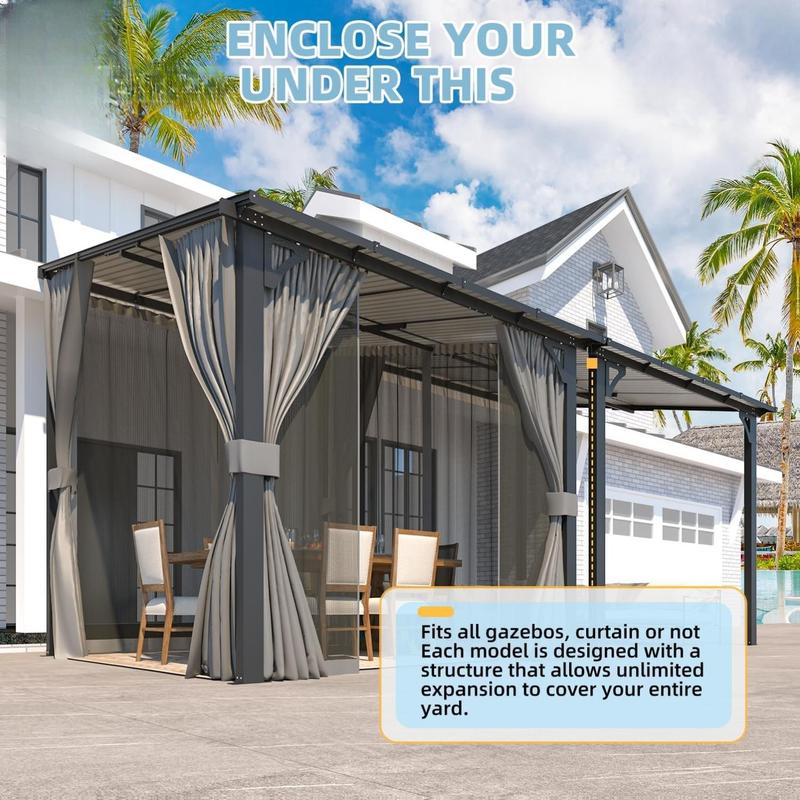 AECOJOY Gazebo for Patio, Small Wall-Mounted Lean to Pergola 8x8 Gazebo with Curtains and Netting, Hard Top Gazebo on Clearance for Lawn Backyard Garden Deck