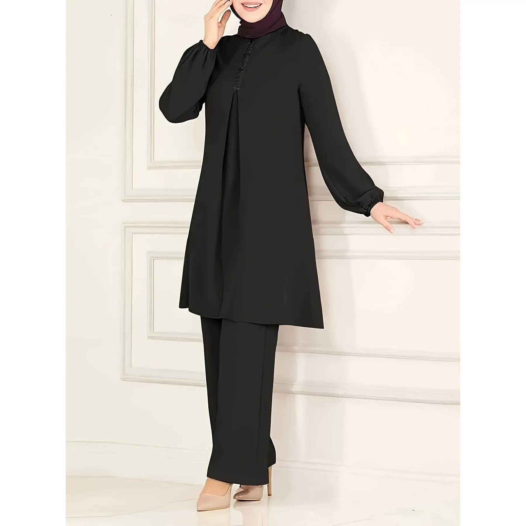 Elegant Solid Color Pants Set, Pleated Simple Long Sleeve Tunics & Straight Leg Loose Pants For Spring & Fall, Women's Clothing