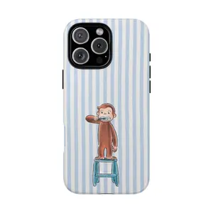 Cute Curiousss Georgeee Brushing Teeth Phone Case – Minimalist Striped Phone Cover For Iphone 13, 14pro, 16promax and Samsung, Gift